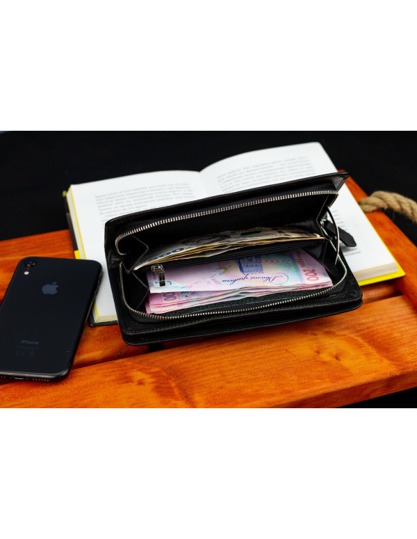 Чорний багатофункціональний чоловічий гаманець з натуральної шкіри МС291