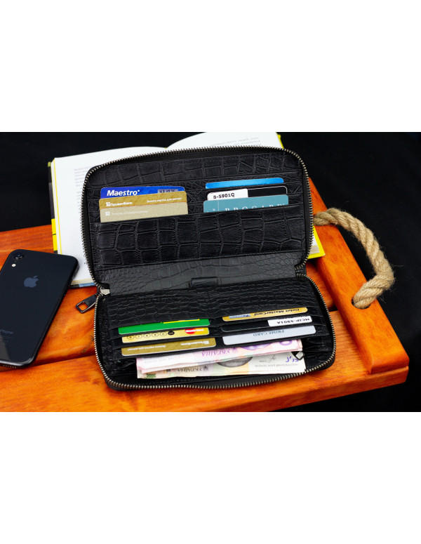 Чорний гаманець-клатч на блискавці з блоком під картки із натуральної шкіри Marco Coverna MCJP-5901A