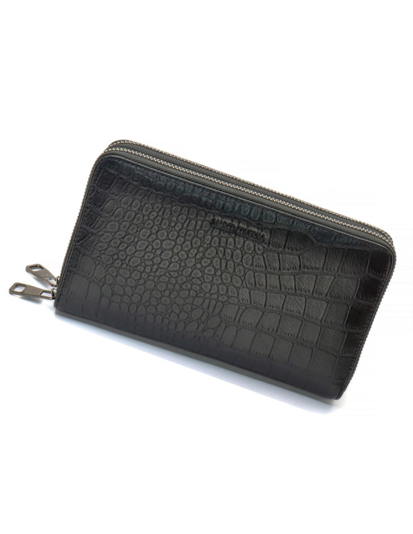 Чорний гаманець-клатч на дві блискавки із фактурної натуральної шкіри Marco Coverna MCJP-5902B