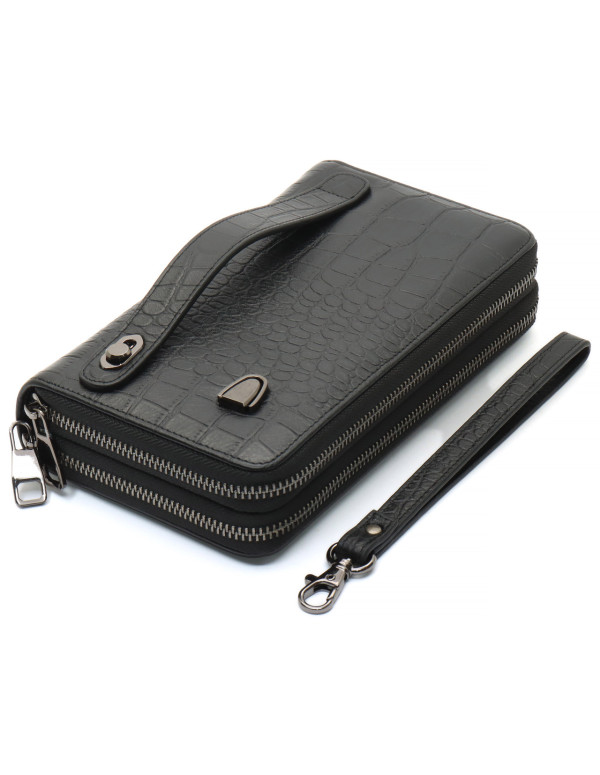 Чорний гаманець-клатч на дві блискавки із фактурної натуральної шкіри Marco Coverna MCJP-5902B