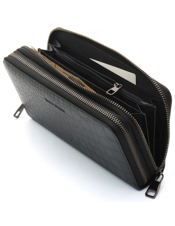 Чорний гаманець-клатч на дві блискавки із фактурної натуральної шкіри Marco Coverna MCJP-5902B