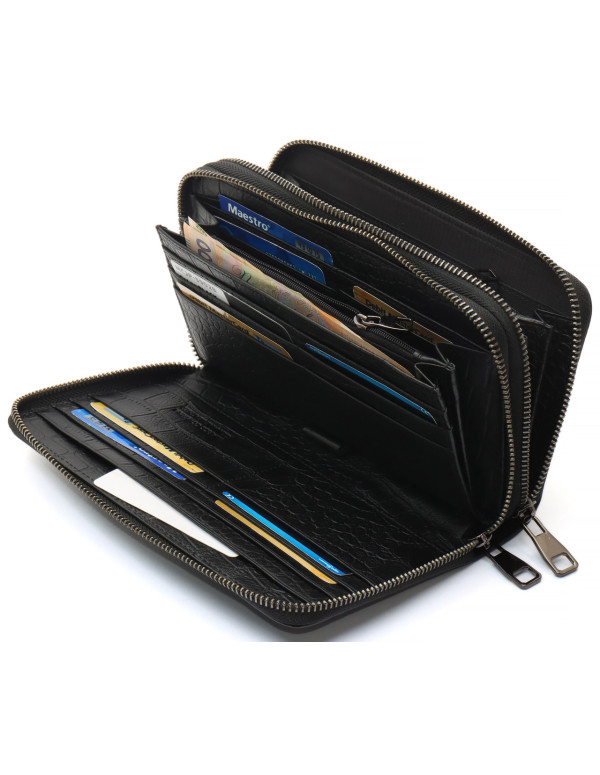 Чорний гаманець-клатч на дві блискавки із фактурної натуральної шкіри Marco Coverna MCJP-5902B