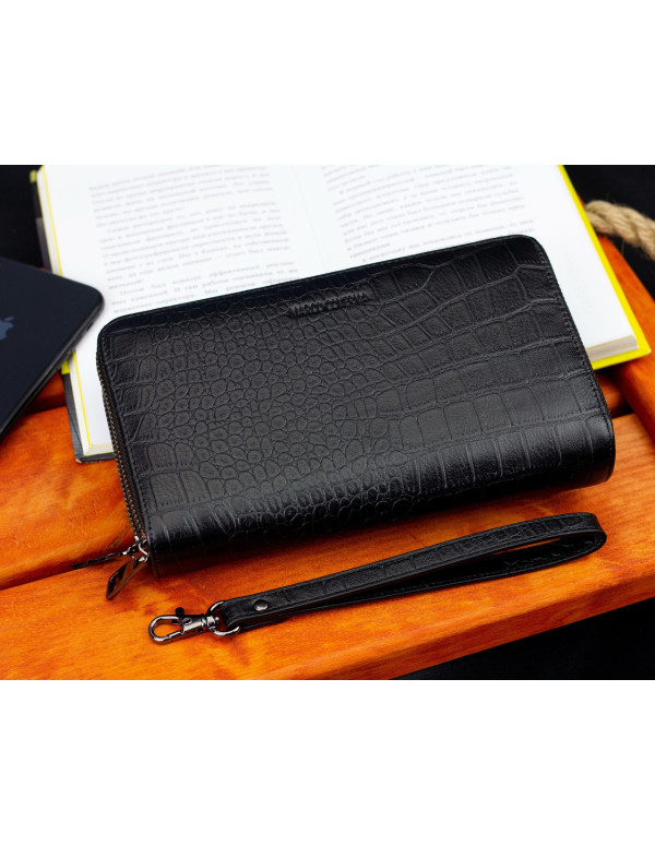 Чорний гаманець-клатч на дві блискавки із фактурної натуральної шкіри Marco Coverna MCJP-5902B