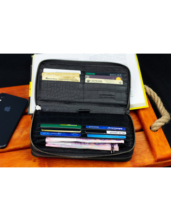 Чорний гаманець-клатч на дві блискавки із фактурної натуральної шкіри Marco Coverna MCJP-5902B