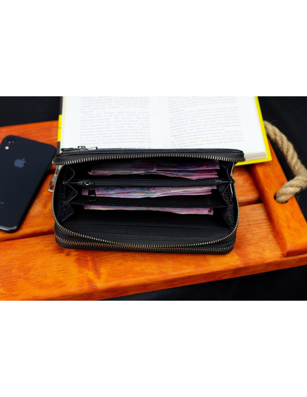 Чорний гаманець-клатч на дві блискавки із фактурної натуральної шкіри Marco Coverna MCJP-5902B