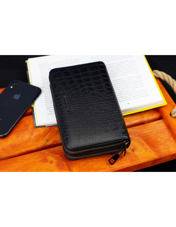 Чорний гаманець-клатч на дві блискавки із фактурної натуральної шкіри Marco Coverna MCJP-5902B