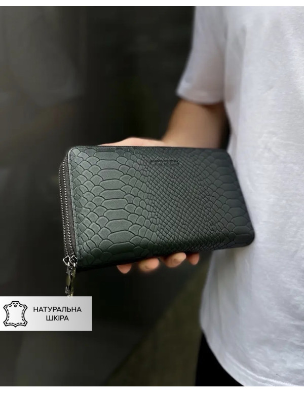 Клатч на дві блискавки з фактурної натуральної шкіри Зелений