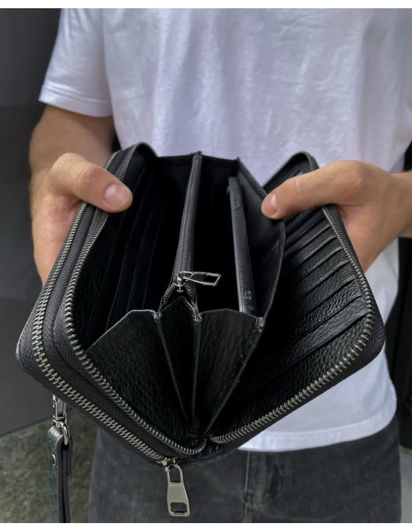 Клатч на дві блискавки з фактурної натуральної шкіри Зелений