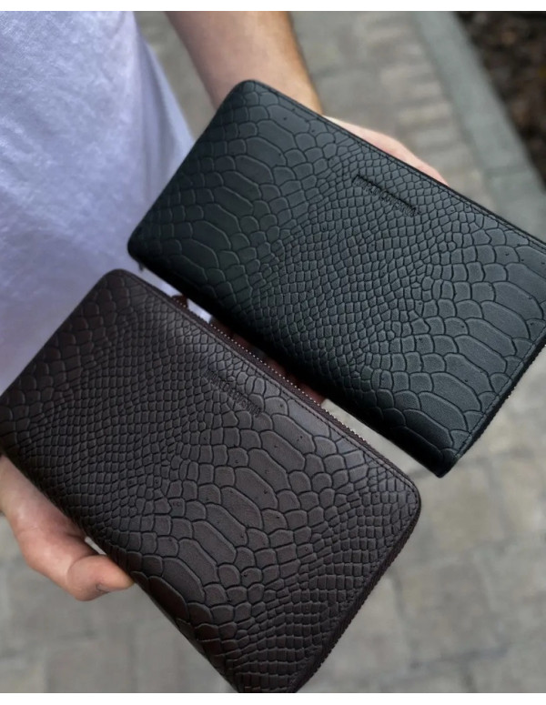 Клатч на дві блискавки з фактурної натуральної шкіри Зелений