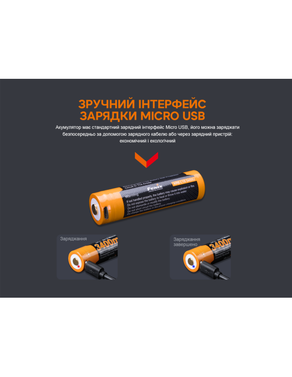 Акумулятор 18650 Fenix (3400 mAh) micro usb зарядка