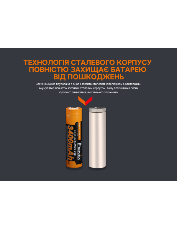 Акумулятор 18650 Fenix (3400 mAh) micro usb зарядка