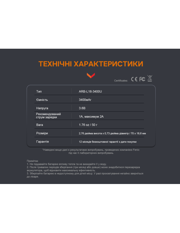 Акумулятор 18650 Fenix (3400 mAh) micro usb зарядка