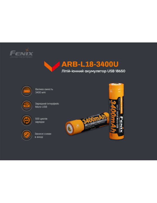 Акумулятор 18650 Fenix (3400 mAh) micro usb зарядка