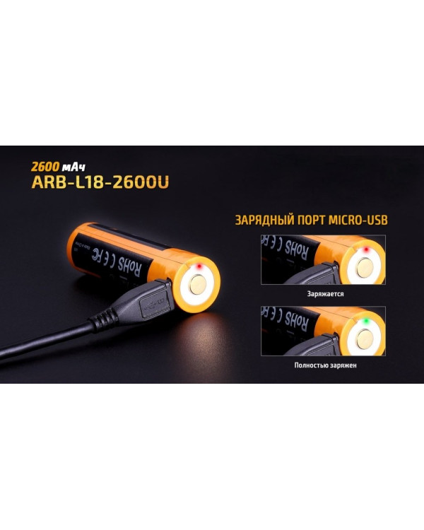 Акумулятор 18650 Fenix (2600 mAh) micro usb зарядка