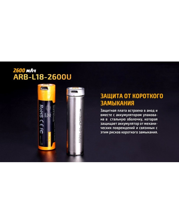 Акумулятор 18650 Fenix (2600 mAh) micro usb зарядка