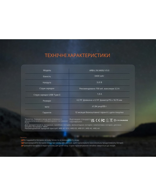 Акумулятор 18650 Fenix (3400 mAh) Type-C V3.0