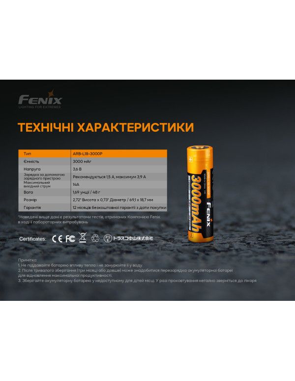 Акумулятор 18650 Fenix (3000 mAh)