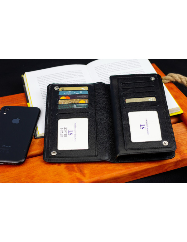 Чорний багатофункціональний чоловічий гаманець з натуральної шкіри МС291