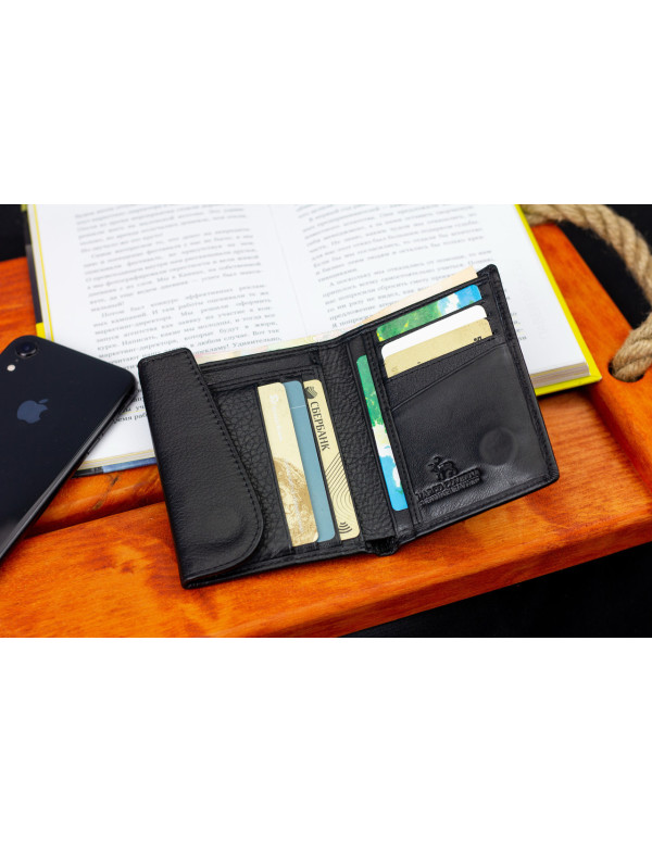 Чорний чоловічий гаманець вертикального типу з натуральної шкіри на магніті Marco Coverna MC-1286