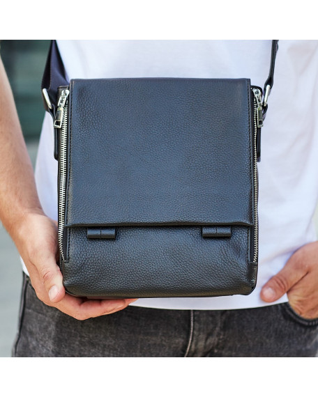 Шкіряна чоловіча сумка-месенджер 21x24x6, барсетка з натуральної шкіри Tiding Bag 9389 чорна