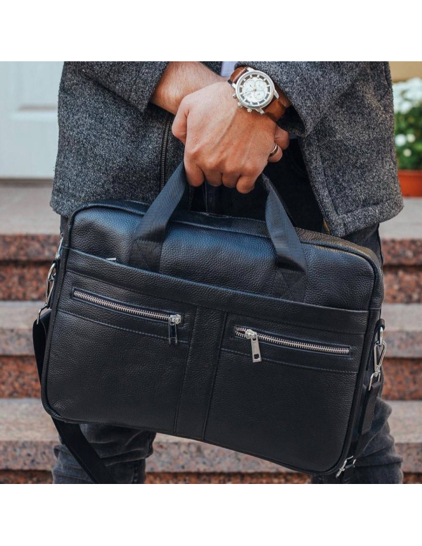 Шкіряна чоловіча сумка для ноутбука та документів Lecco, чорна