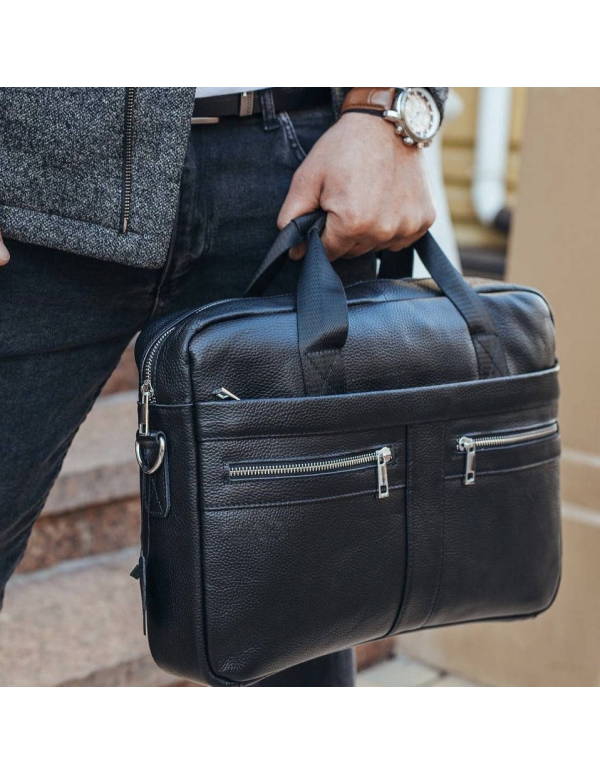 Шкіряна чоловіча сумка для ноутбука та документів Lecco, чорна