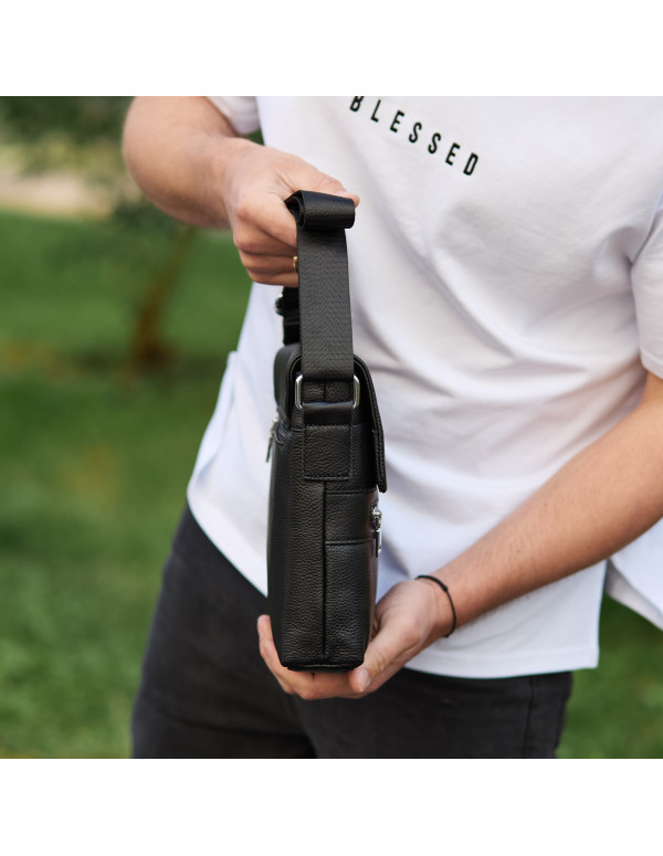 Шкіряна чоловіча сумка-месенджер Aleri, чорна
