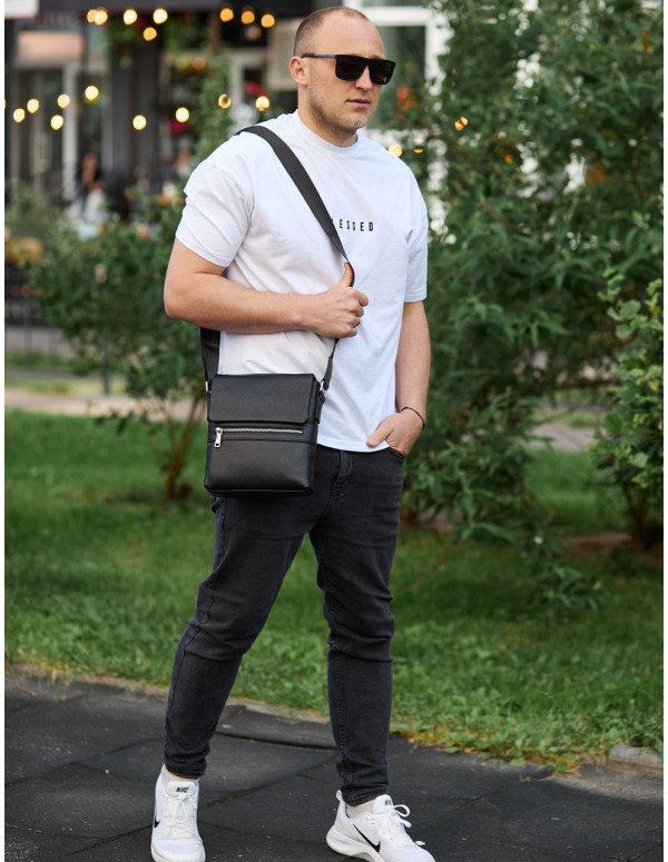 Шкіряна чоловіча сумка-месенджер Aleri, чорна