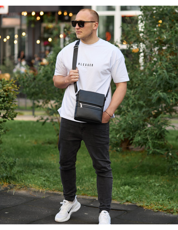 Шкіряна чоловіча сумка-месенджер Aleri, чорна