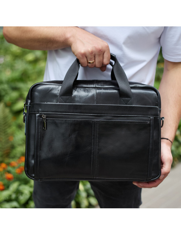 Шкіряна чоловіча сумка-портфель Iver, чорна