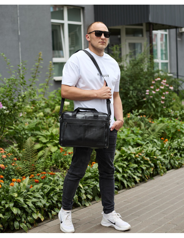 Шкіряна чоловіча сумка-портфель Iver, чорна