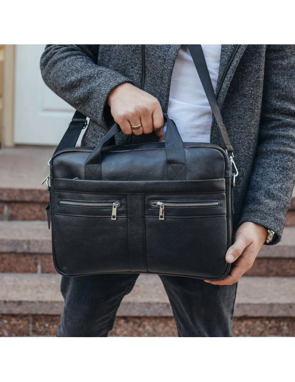 Шкіряна чоловіча сумка для ноутбука та документів Lecco, чорна