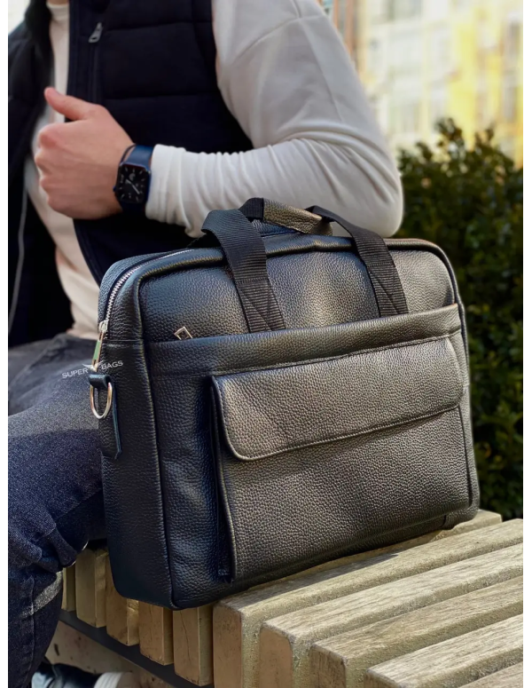 Шкіряна чоловіча сумка для ноутбука Ostin, чорна