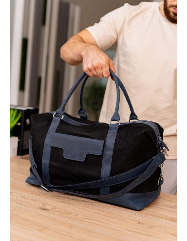 Дорожня сумка з канвасу та натуральної темно-синьої шкіри Crazy Horse - BN-BAG-53-nn