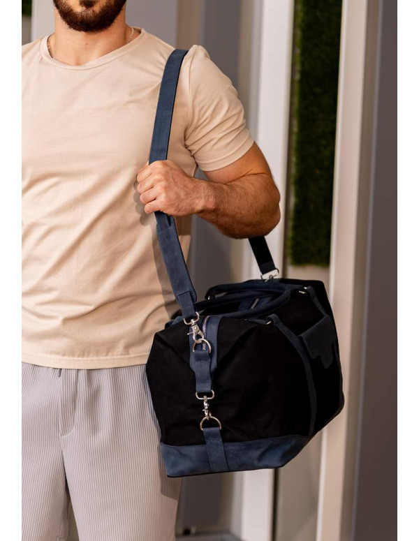 Дорожня сумка з канвасу та натуральної темно-синьої шкіри Crazy Horse - BN-BAG-53-nn