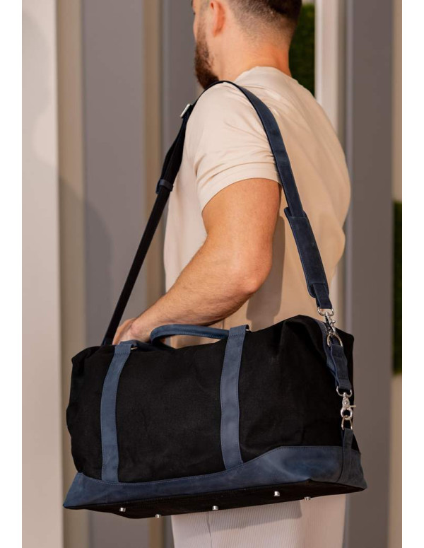 Дорожня сумка з канвасу та натуральної темно-синьої шкіри Crazy Horse - BN-BAG-53-nn