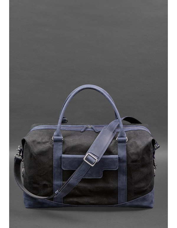 Дорожня сумка з канвасу та натуральної темно-синьої шкіри Crazy Horse - BN-BAG-53-nn