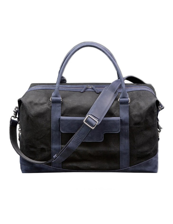 Дорожня сумка з канвасу та натуральної темно-синьої шкіри Crazy Horse - BN-BAG-53-nn