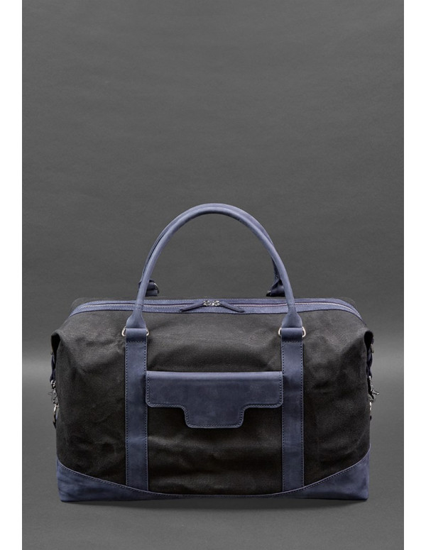 Дорожня сумка з канвасу та натуральної темно-синьої шкіри Crazy Horse - BN-BAG-53-nn