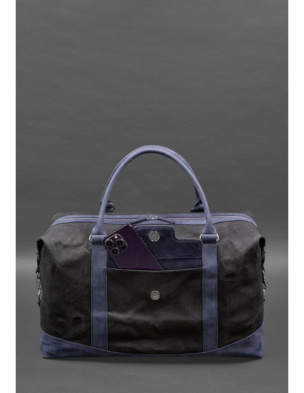 Дорожня сумка з канвасу та натуральної темно-синьої шкіри Crazy Horse - BN-BAG-53-nn