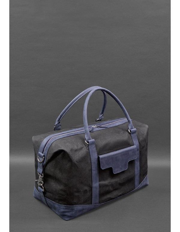 Дорожня сумка з канвасу та натуральної темно-синьої шкіри Crazy Horse - BN-BAG-53-nn