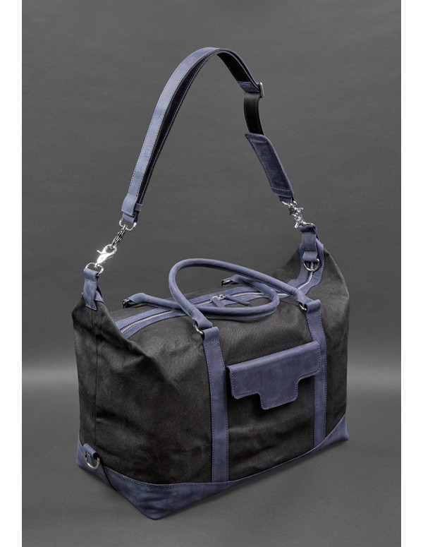 Дорожня сумка з канвасу та натуральної темно-синьої шкіри Crazy Horse - BN-BAG-53-nn