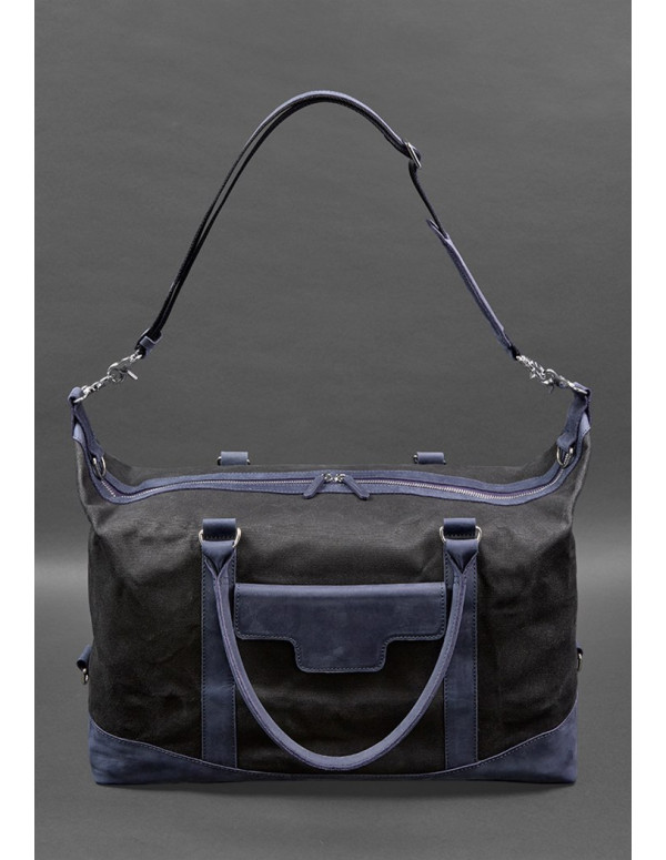 Дорожня сумка з канвасу та натуральної темно-синьої шкіри Crazy Horse - BN-BAG-53-nn