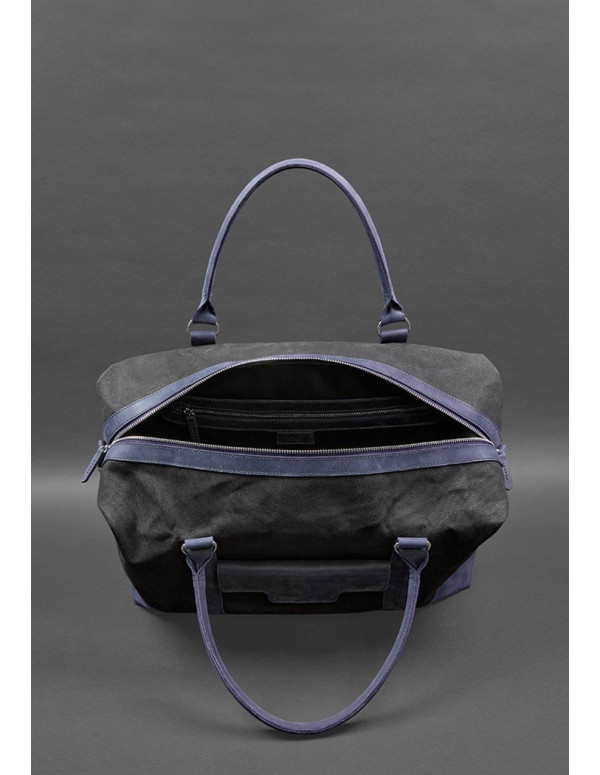 Дорожня сумка з канвасу та натуральної темно-синьої шкіри Crazy Horse - BN-BAG-53-nn