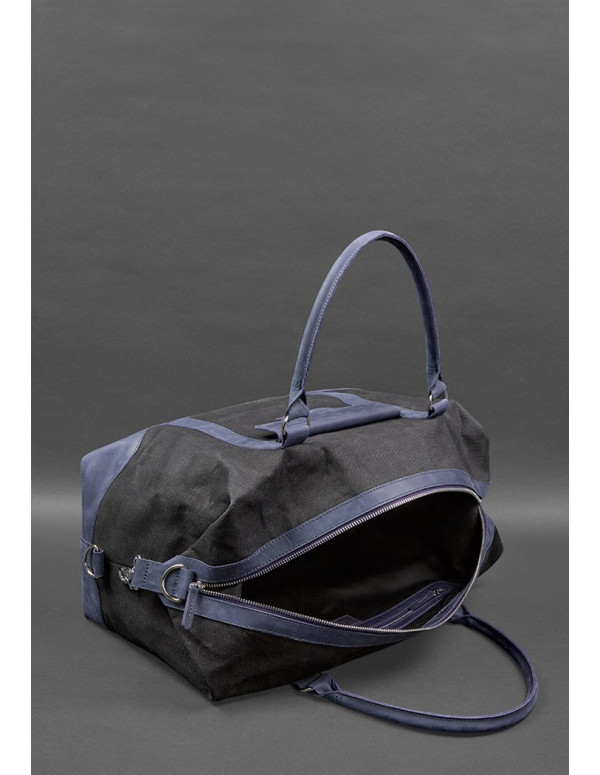 Дорожня сумка з канвасу та натуральної темно-синьої шкіри Crazy Horse - BN-BAG-53-nn