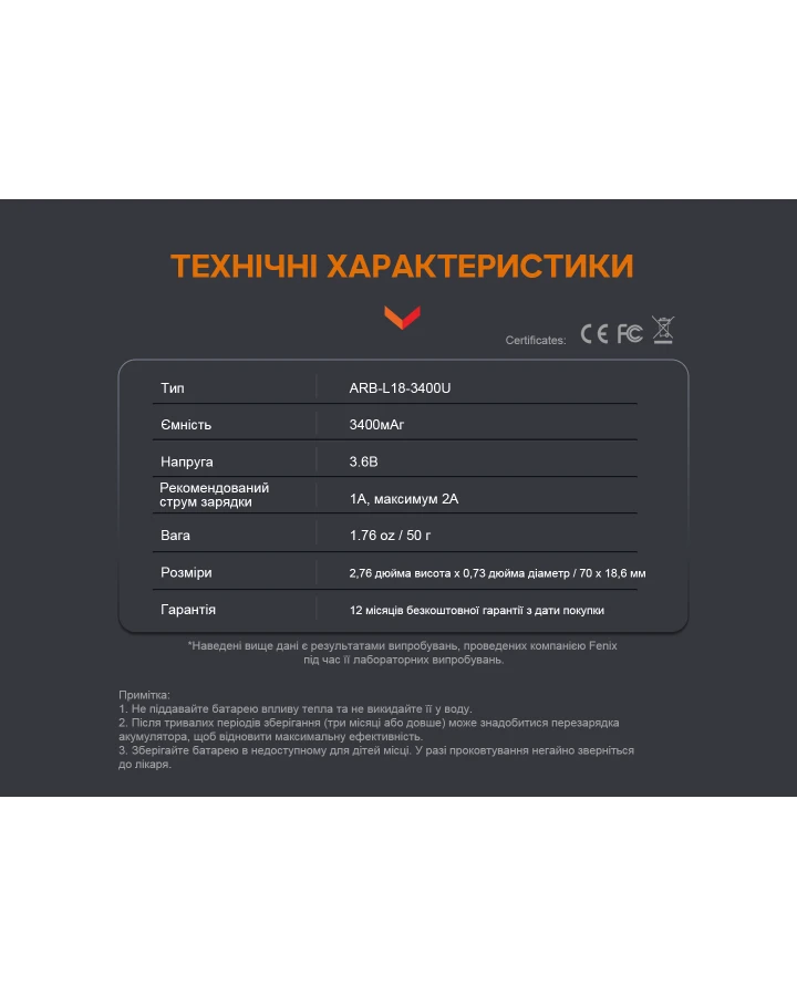 Акумулятор 18650 Fenix (3400 mAh) micro usb зарядка