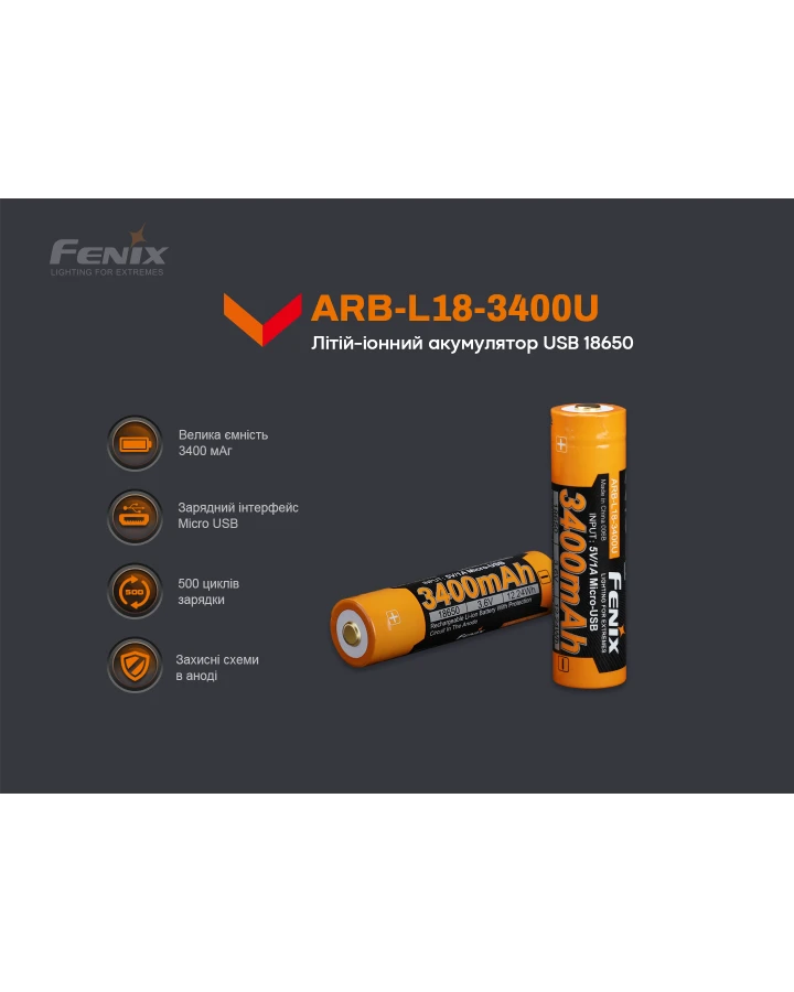 Акумулятор 18650 Fenix (3400 mAh) micro usb зарядка