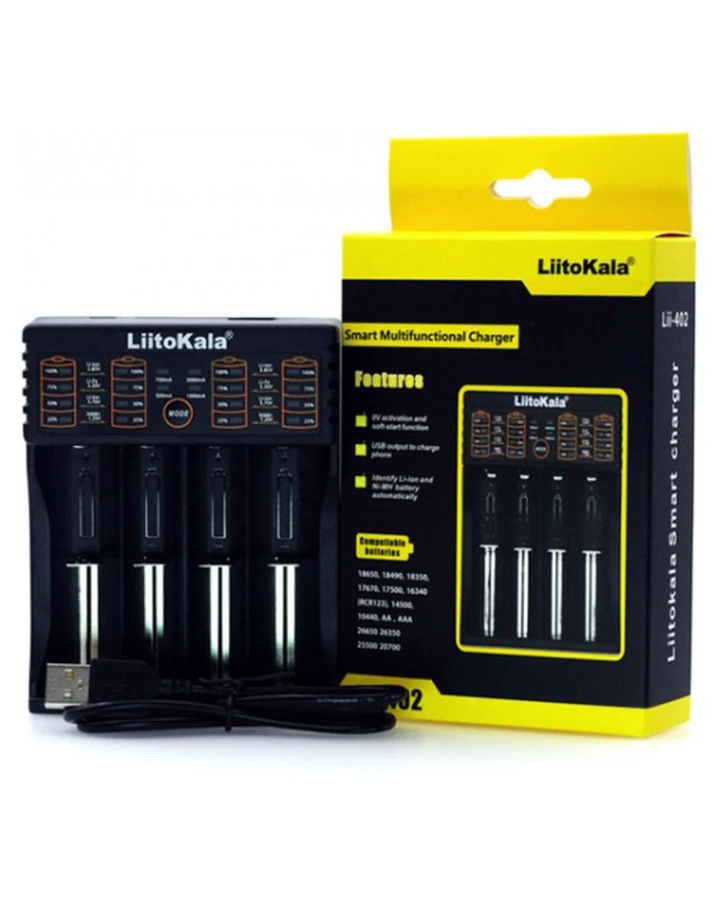 Зарядний пристрій Liitokala Lii-402, Ni-Mh/Li-ion/Li-Fe/LiFePO4, USB, Powerbank, LED, Box
