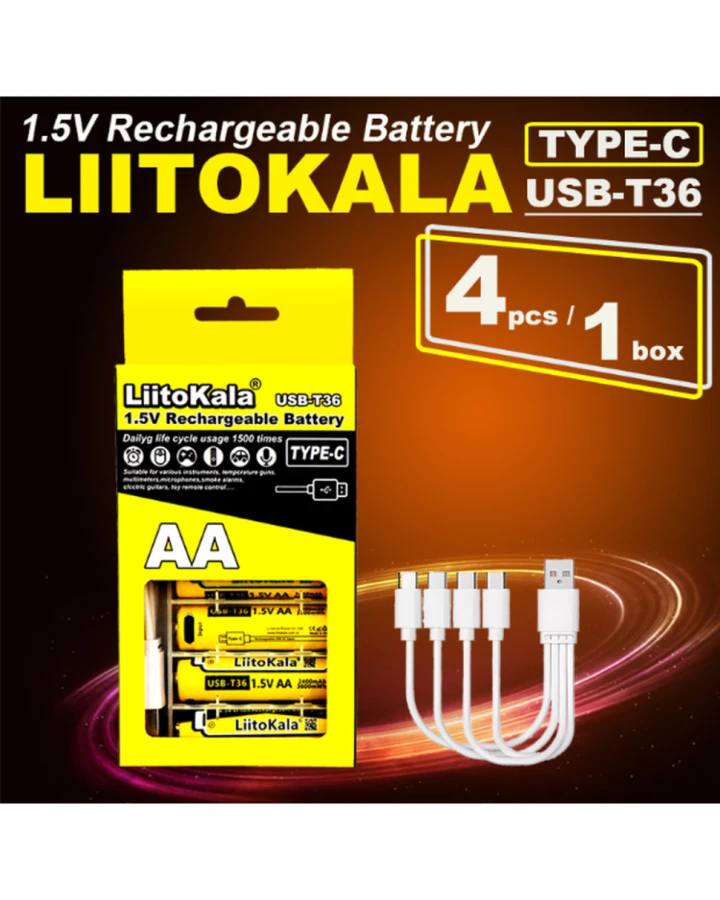 Набір акумуляторів з 4 шт LiitoKala USB-T36 + USB Type-C кабель зарядки
