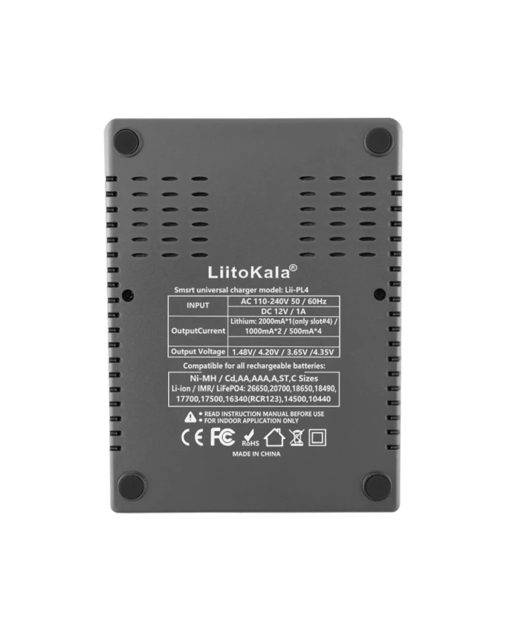 Зарядний пристрій Liitokala Lii-PL4, 4 канала, Ni-Mh/Li-ion/LiFePO4, 220V/12V, LED, Box
